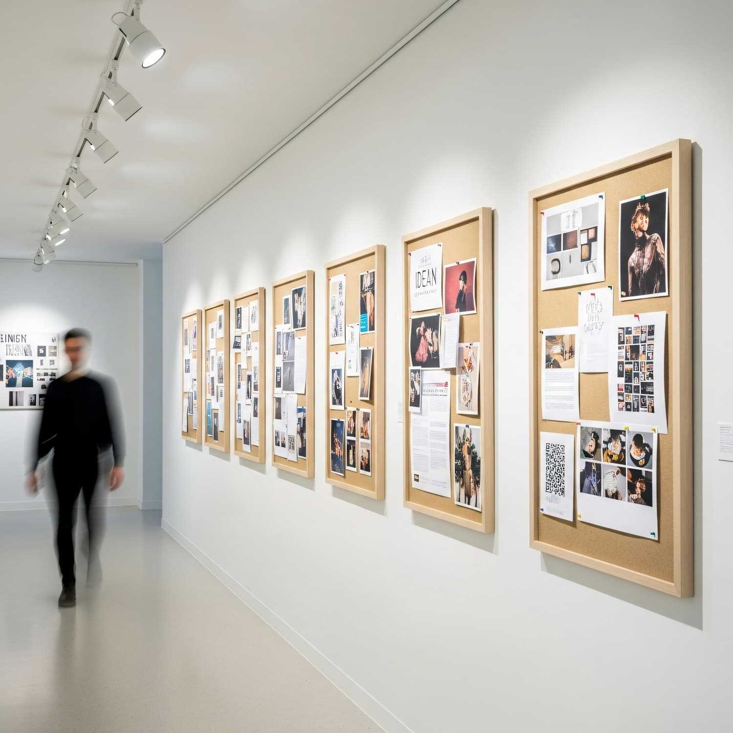 Gallery wall of framed collage boards lit by spotlights