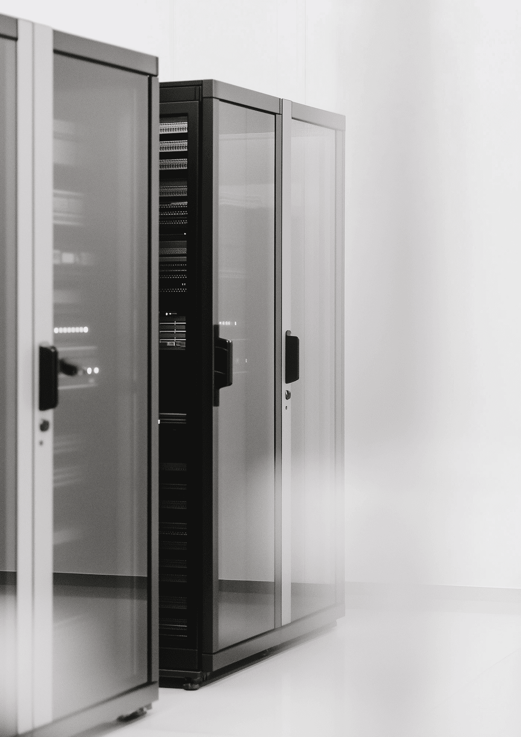 Server racks with glowing indicator lights inside a clean data centre